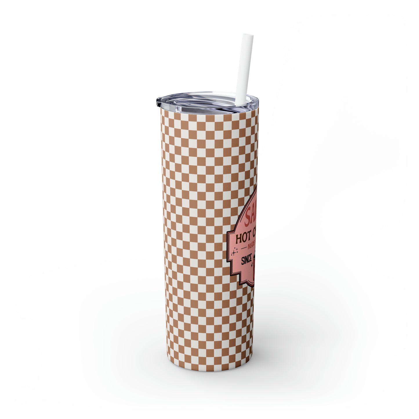 Santa's Hot Chocolate Brown Checkerboard Christmas/ Holiday Skinny Tumbler with Pick your Color Straw, 20oz