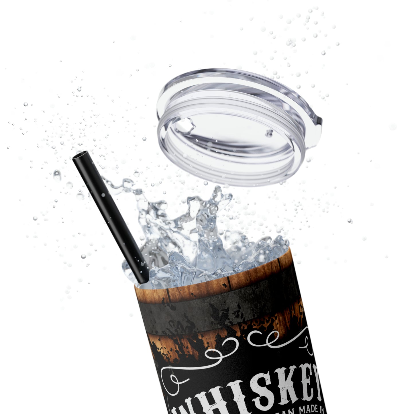 Rustic Barrel Whiskey Themed Skinny Tumbler with Straw, 20oz