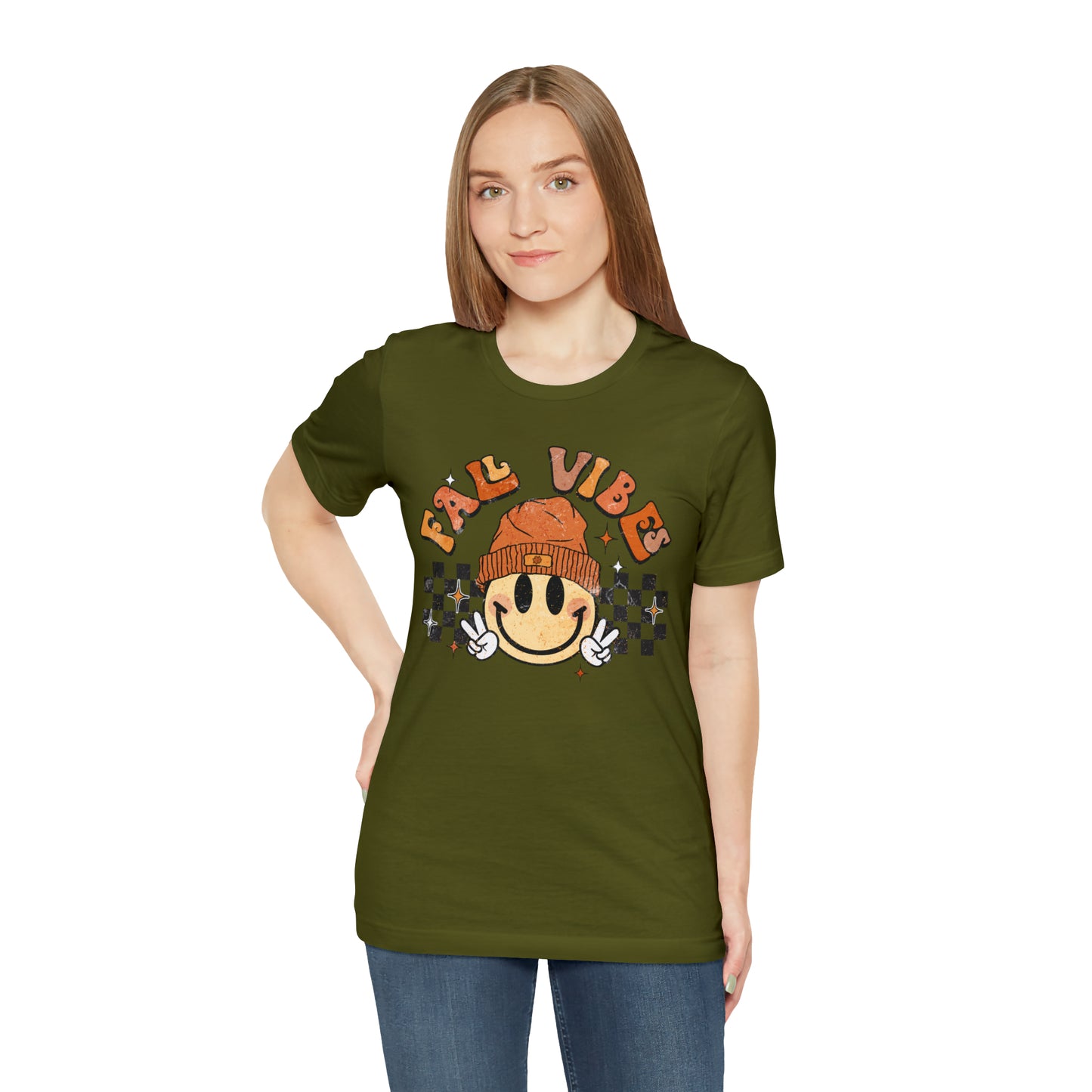 Distressed Halloween Fall Vibes Smiley Face with Beanie and Peace Sign T-Shirt