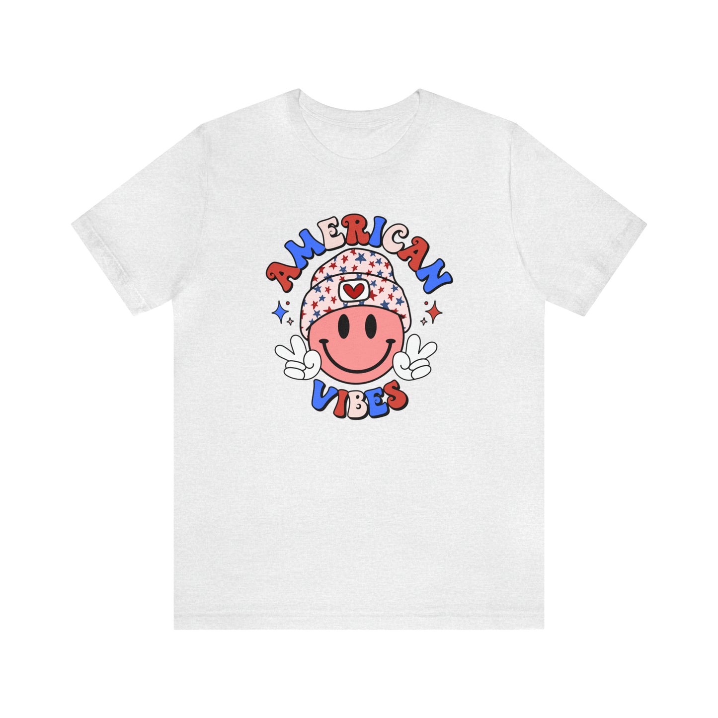 American Vibes USA Smiley Face with Stars Beanie with two hand peace signs Unisex Jersey Short Sleeve Tee