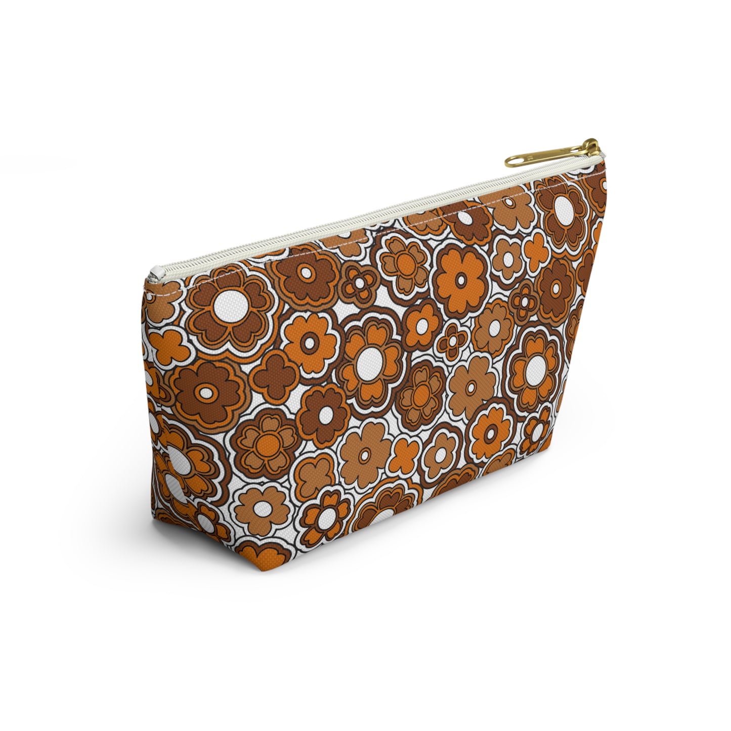 Flower Power Retro Brown Print  Accessory Pouch w T-bottom