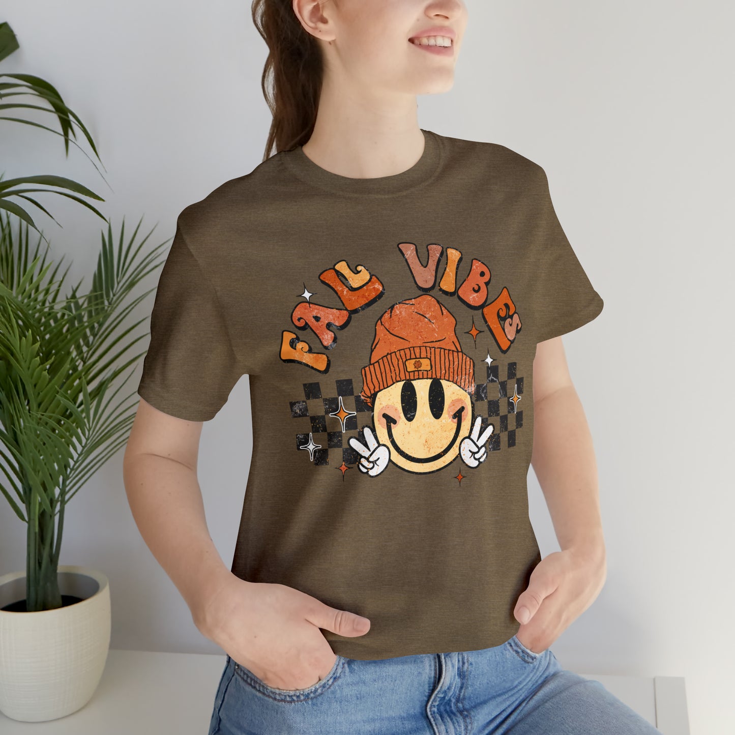 Distressed Halloween Fall Vibes Smiley Face with Beanie and Peace Sign T-Shirt