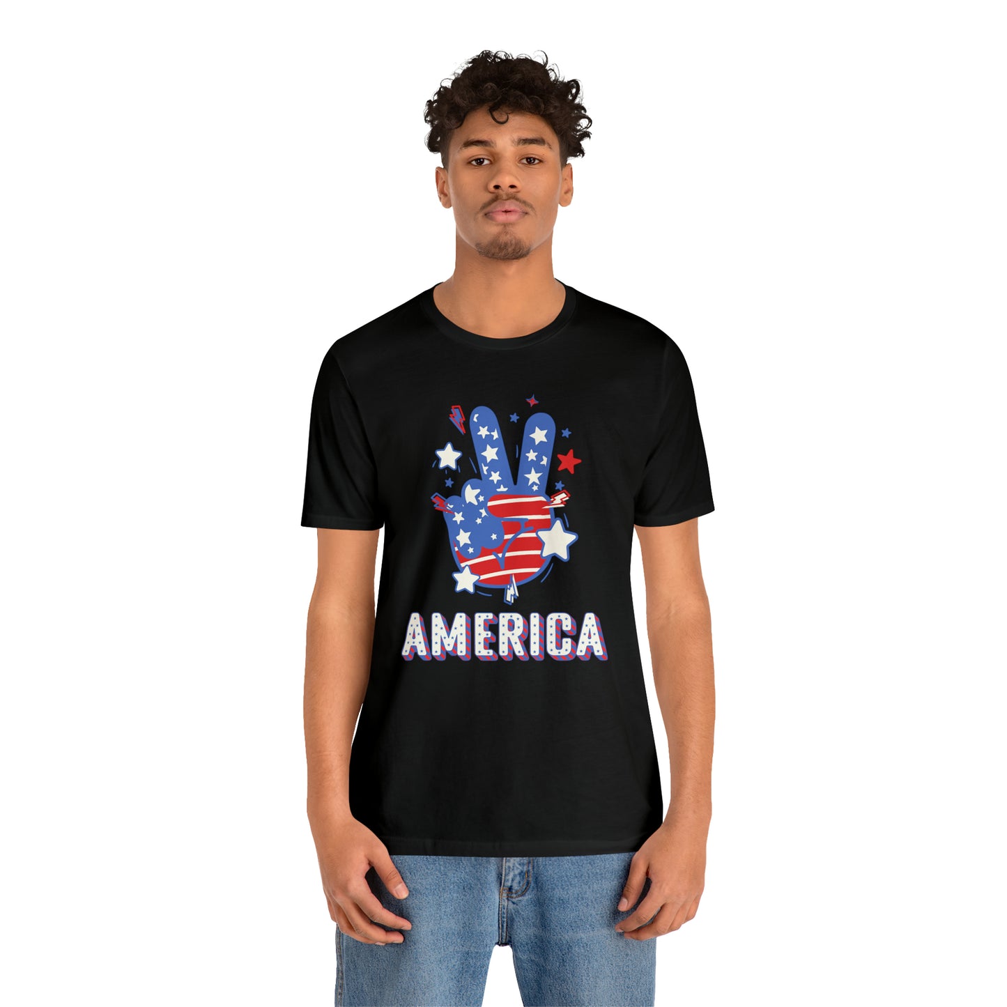 America USA Stars Peace Sign with Hands Unisex Jersey Short Sleeve Tee