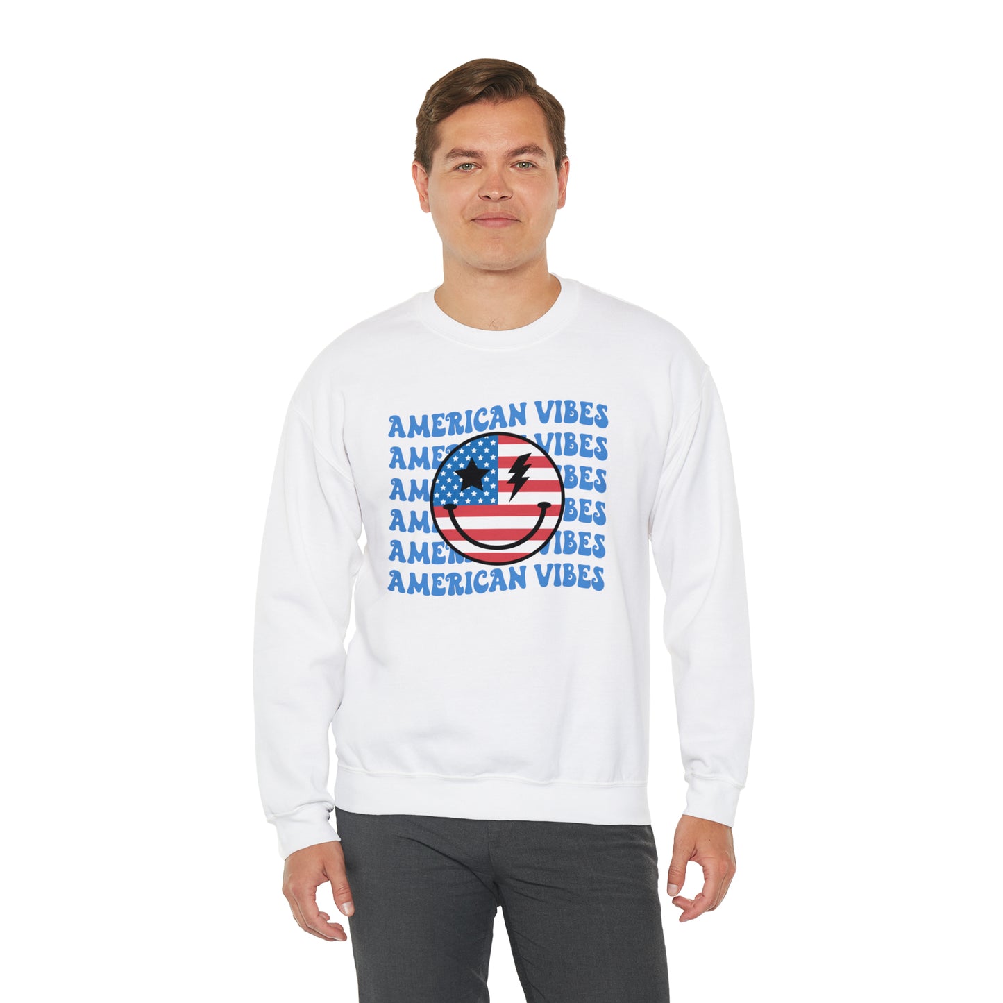 USA American Vibes Flag Smiley Face Heavy Blend™ Crewneck Sweatshirt