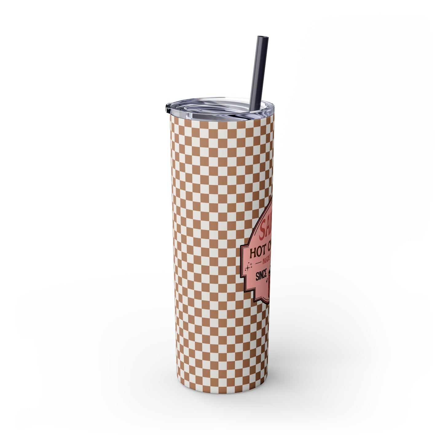 Santa's Hot Chocolate Brown Checkerboard Christmas/ Holiday Skinny Tumbler with Pick your Color Straw, 20oz