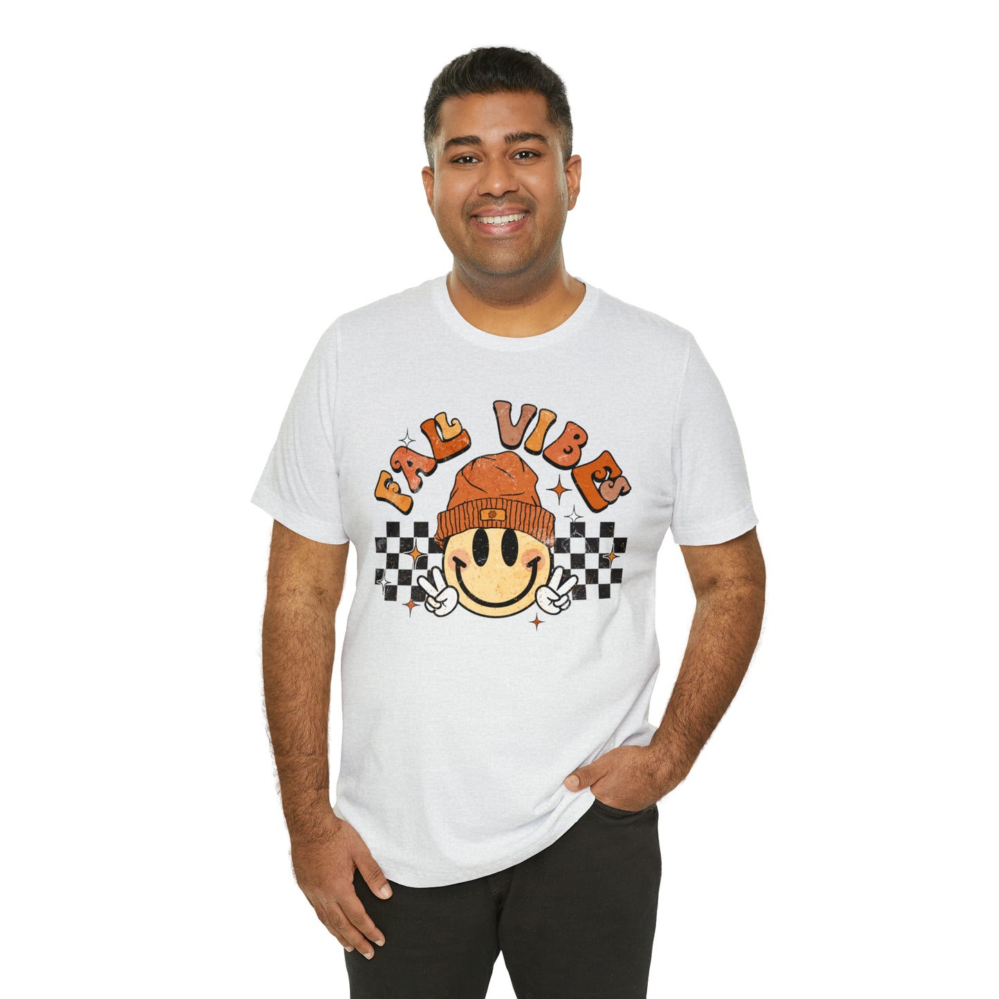 Distressed Halloween Fall Vibes Smiley Face with Beanie and Peace Sign T-Shirt