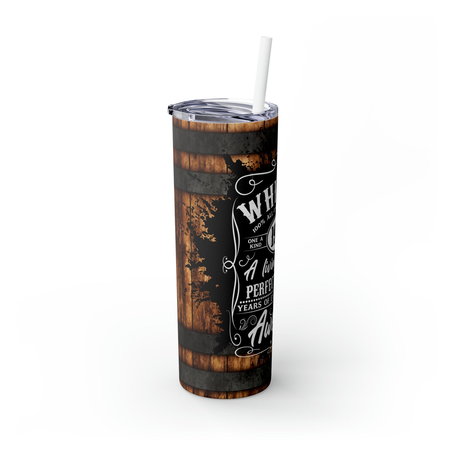 Rustic Barrel Whiskey Themed Skinny Tumbler with Straw, 20oz