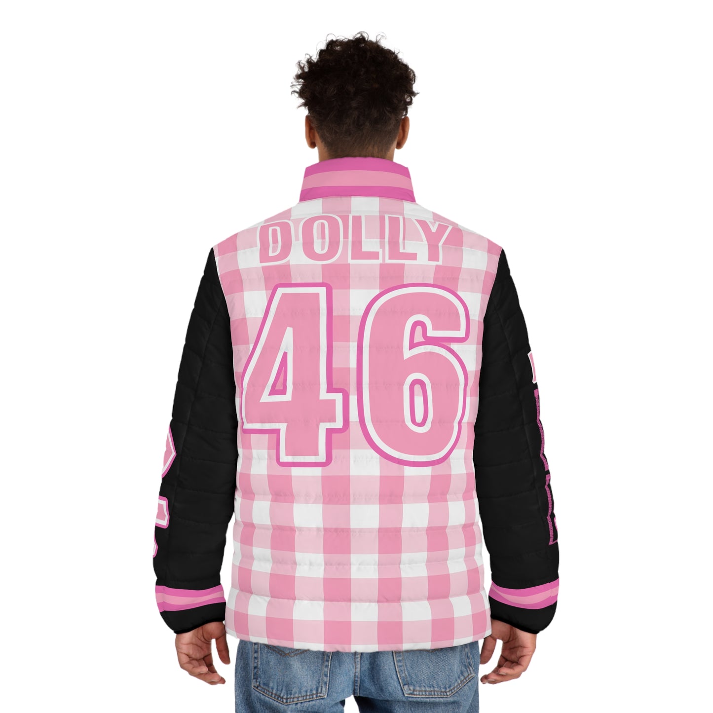 Dolly 46 Pink Checkerboard with Black Sleeves Game Day Men's Puffer Coat/ Jacket