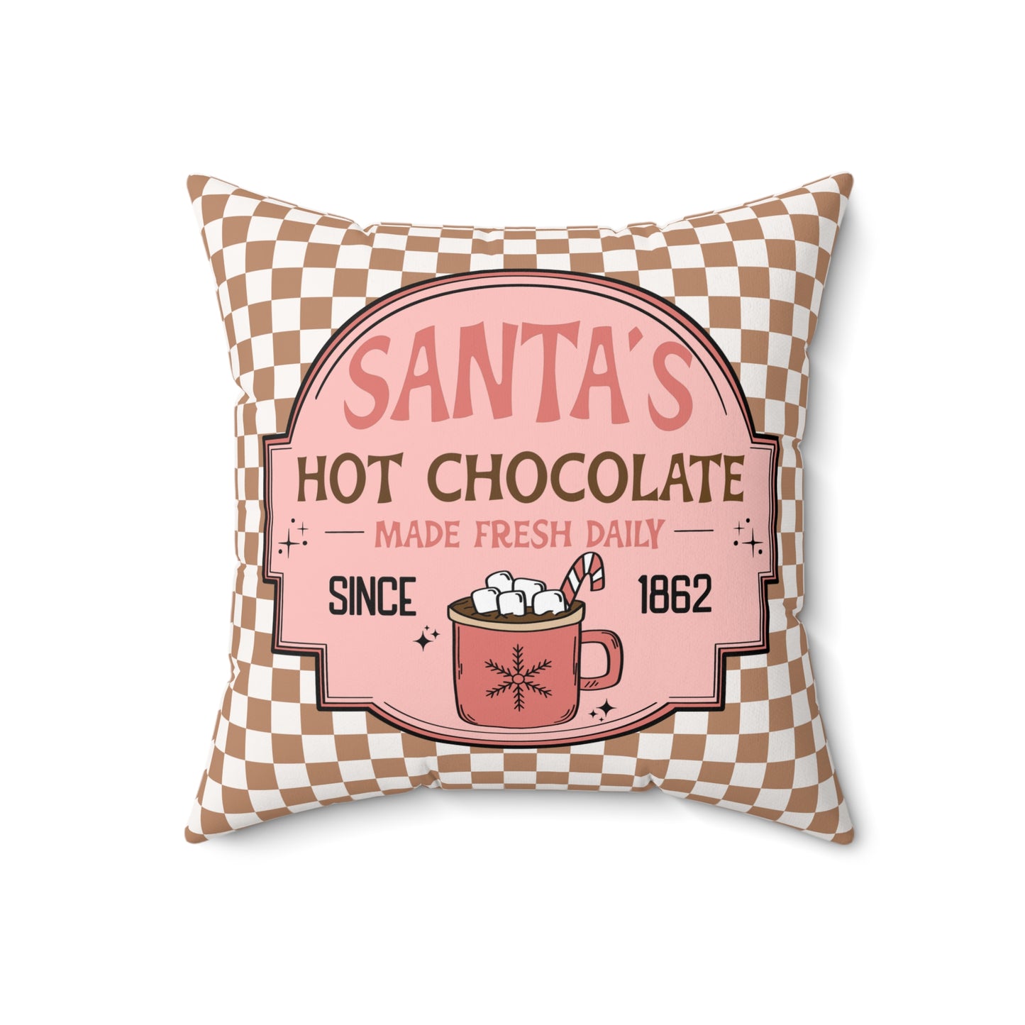 Santa's Hot Chocolate Brown Checkerboard Christmas/ Holiday Polyester Square Pillow