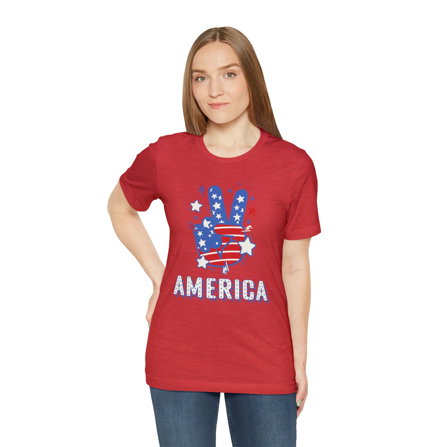 America USA Stars Peace Sign with Hands Unisex Jersey Short Sleeve Tee