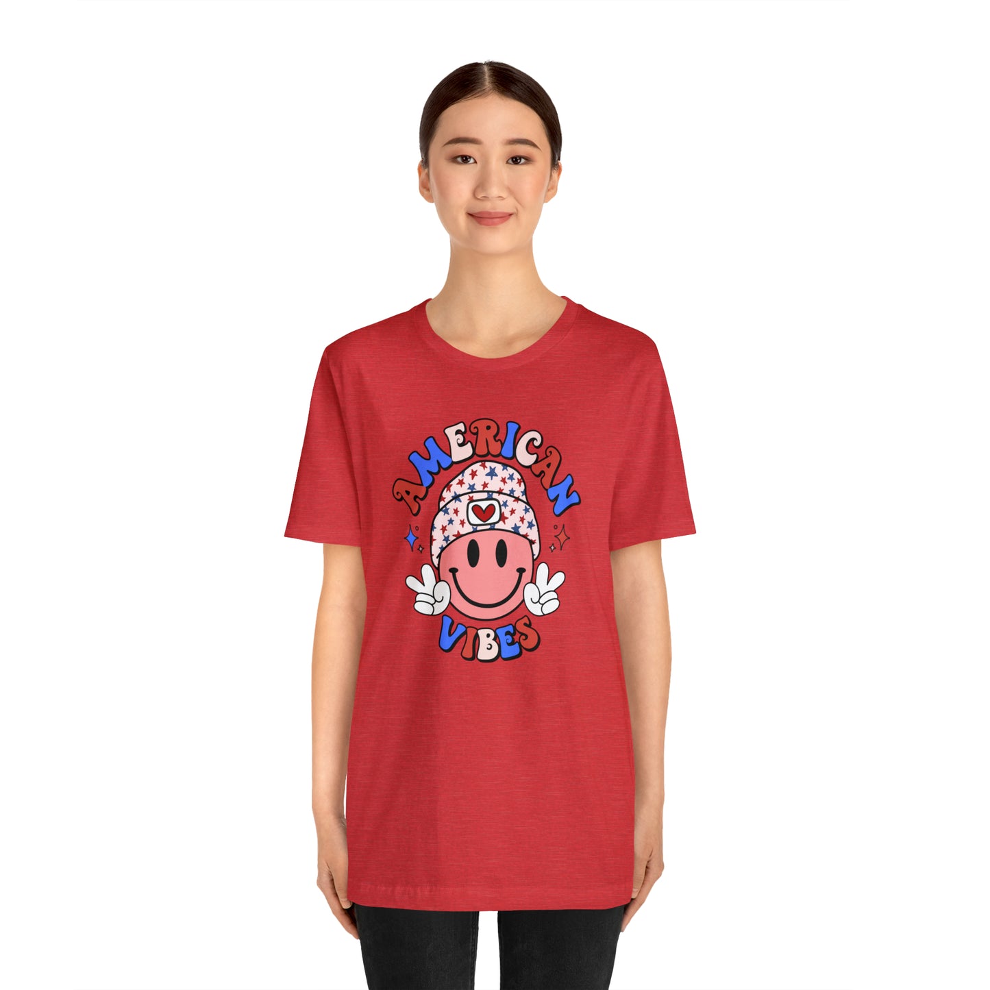 American Vibes USA Smiley Face with Stars Beanie with two hand peace signs Unisex Jersey Short Sleeve Tee