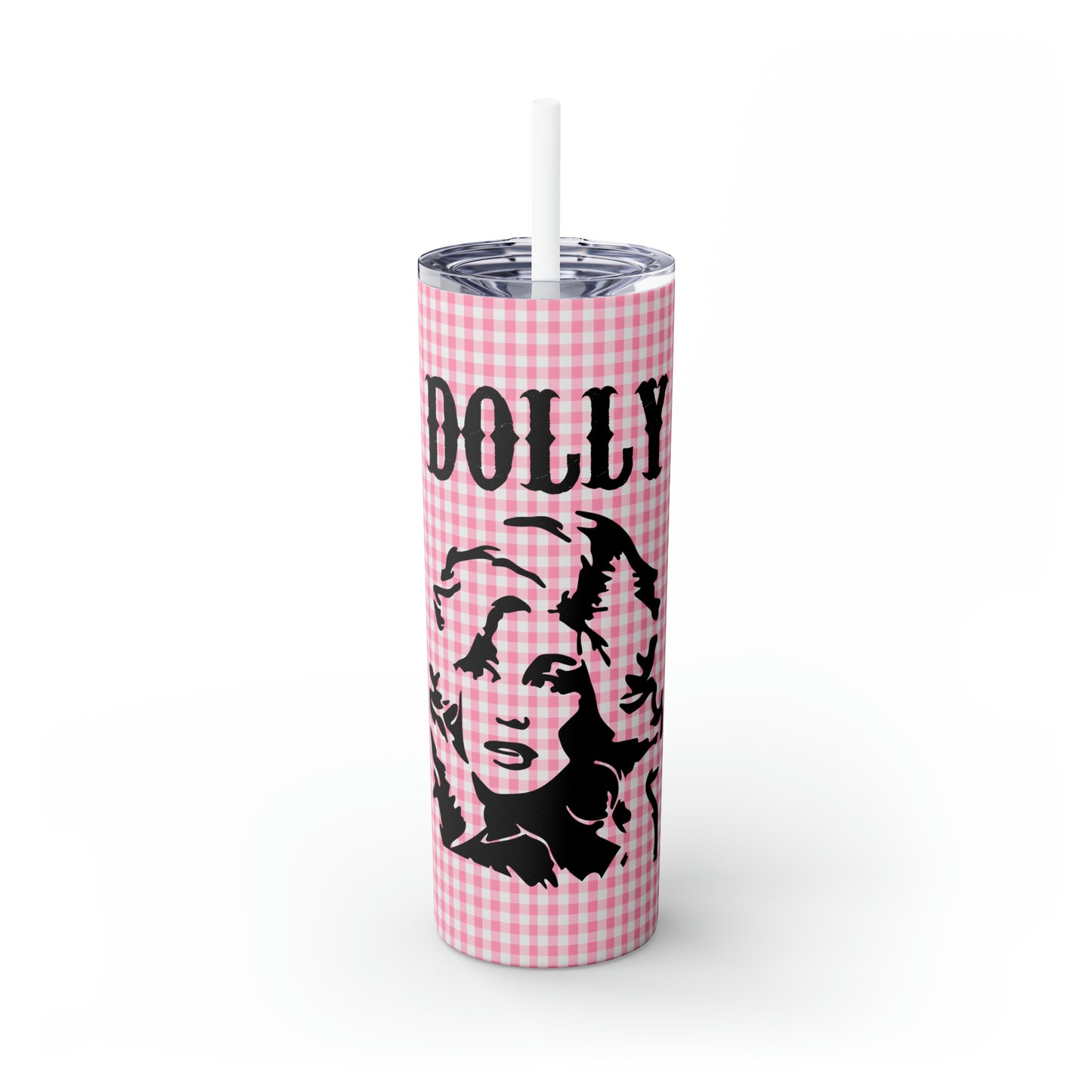 Dolly Portrait Pink Checkerboard Skinny Tumbler with Straw, 20oz