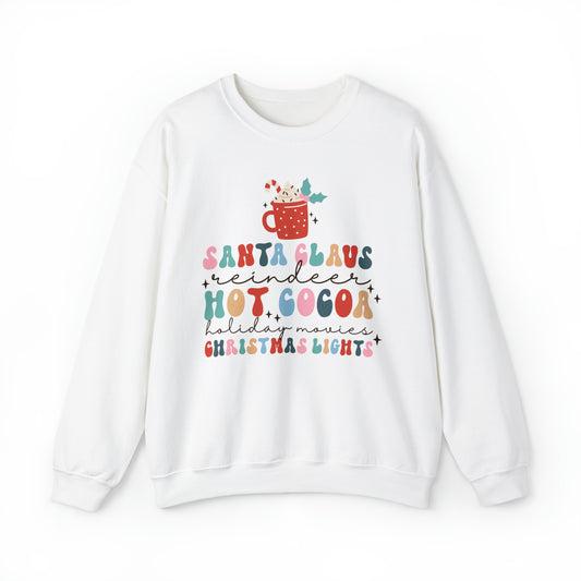 Santa Claus Reindeer Hot Cocoa Christmas Lights Heavyweight Crewneck Sweatshirt