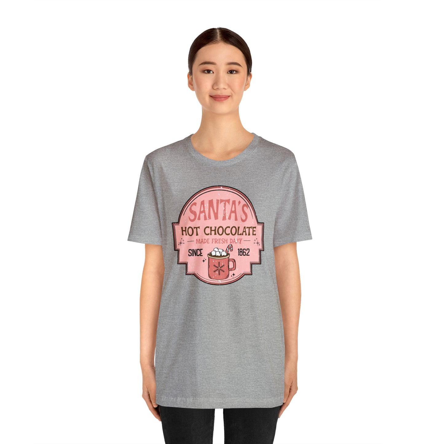 Santa's Hot Chocolate Pink Christmas/ Holiday Bella Jersey Short Sleeve Tee (Unisex)