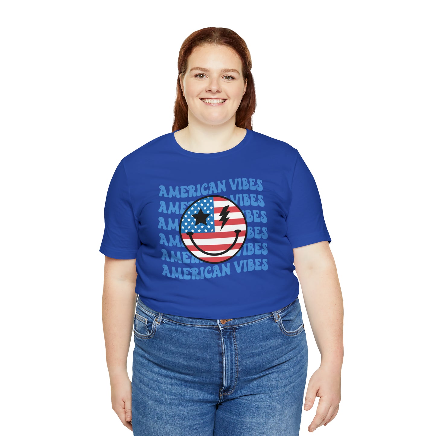 USA American Vibes American Flag Smiley Face Unisex Jersey Short Sleeve Tee