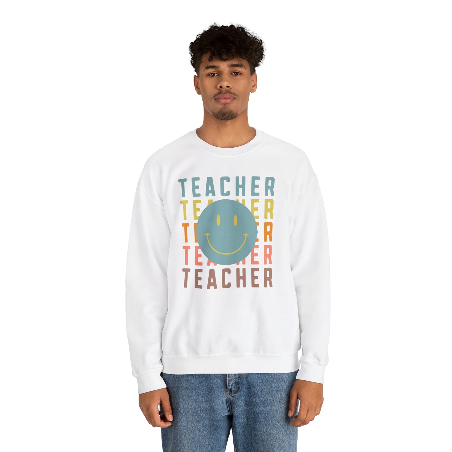 Multi Colored Teacher with Smiley Face Unisex Heavy Blend™ Crewneck Sweatshirt