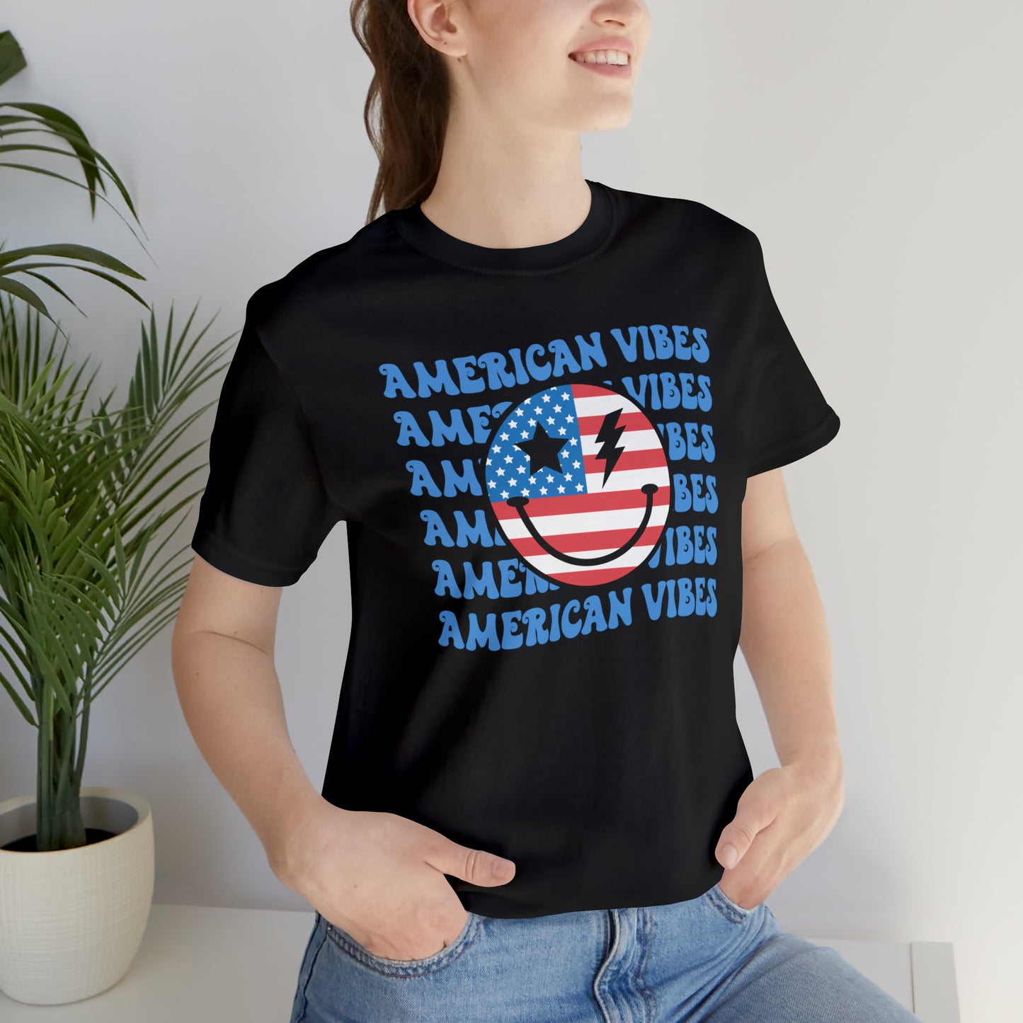 USA American Vibes American Flag Smiley Face Unisex Jersey Short Sleeve Tee