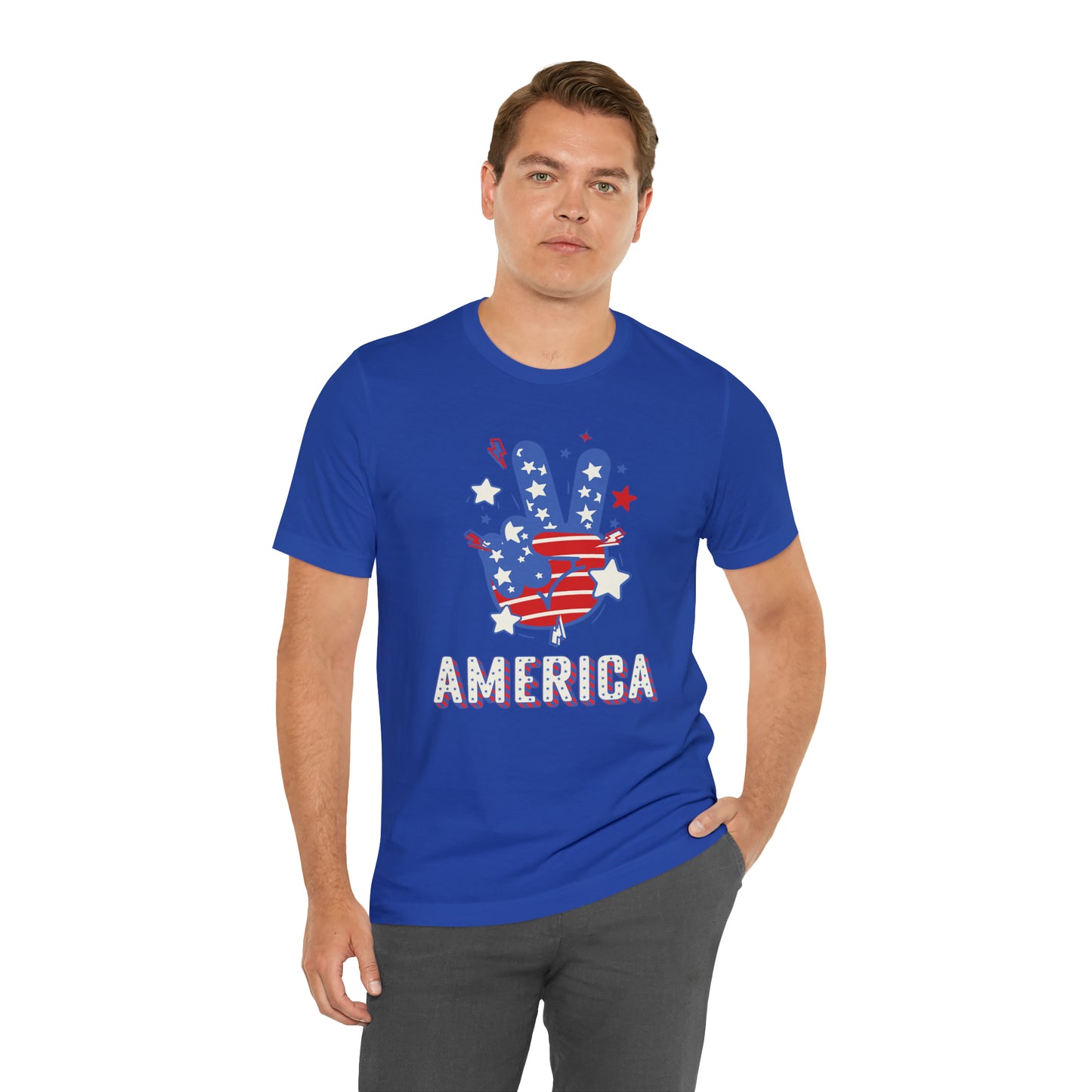 America USA Stars Peace Sign with Hands Unisex Jersey Short Sleeve Tee