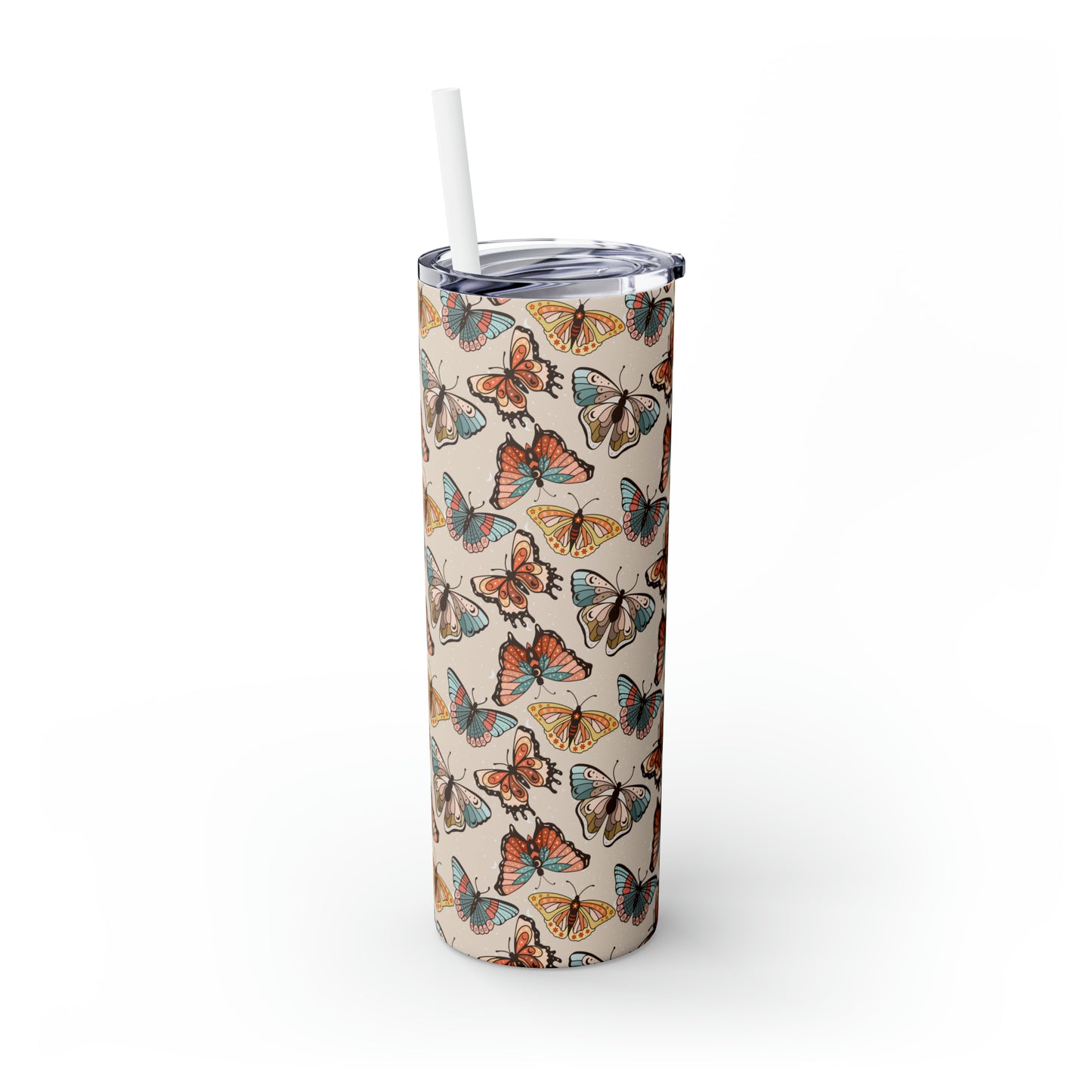 Boho Butterfly Brown Skinny Tumbler with Straw, 20oz