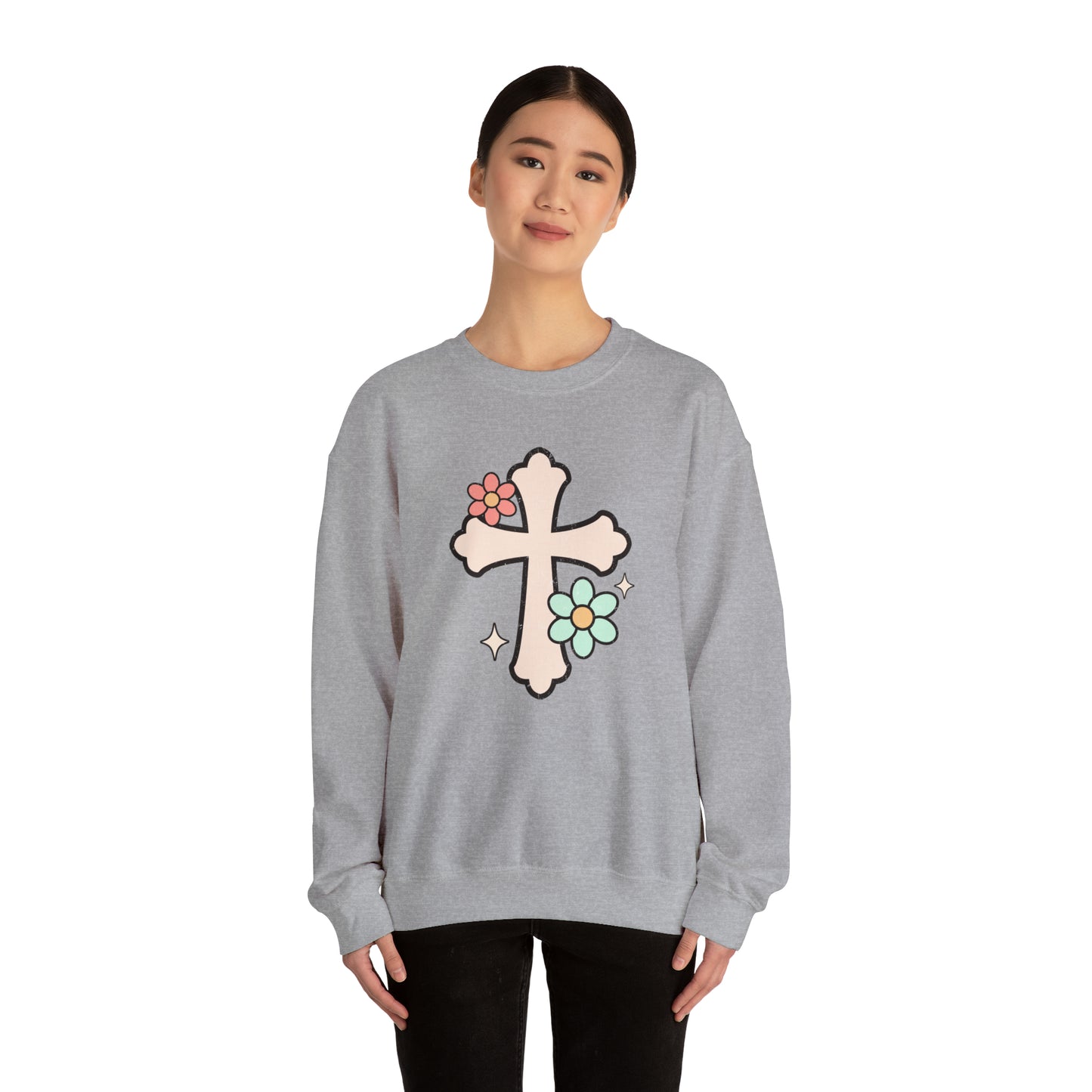 Vintage Floral Cross Design Heavy Blend™ Crewneck Sweatshirt