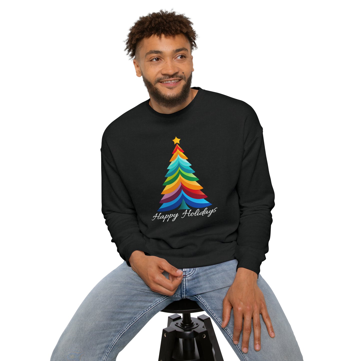 Happy Holidays Layered Rainbow Christmas Tree Unisex Drop Shoulder Bella Sweatshirt