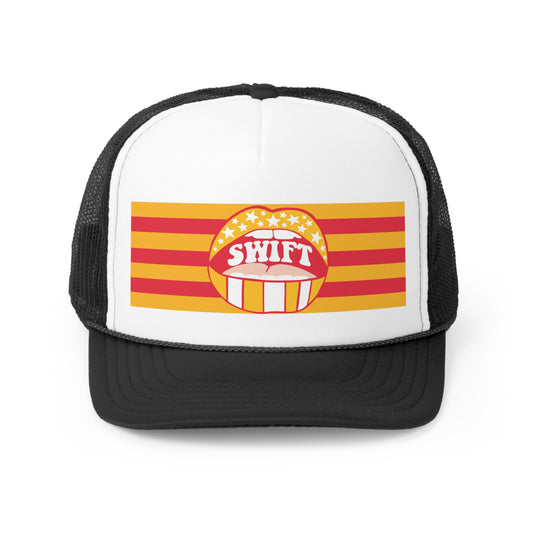 Swift Mouth Burgundy and Yellow Striped Lips Tall Trucker Caps