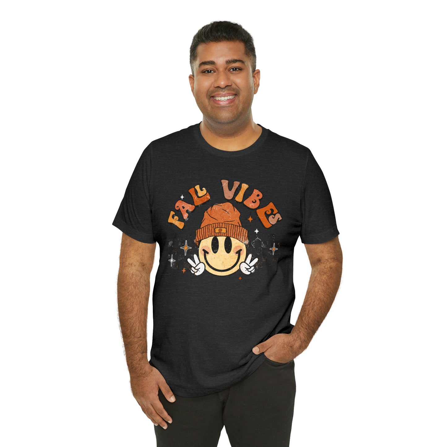 Distressed Halloween Fall Vibes Smiley Face with Beanie and Peace Sign T-Shirt