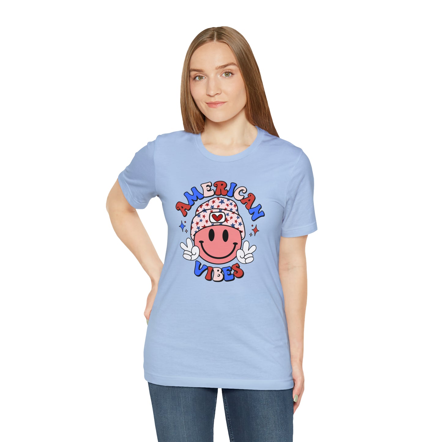 American Vibes USA Smiley Face with Stars Beanie with two hand peace signs Unisex Jersey Short Sleeve Tee