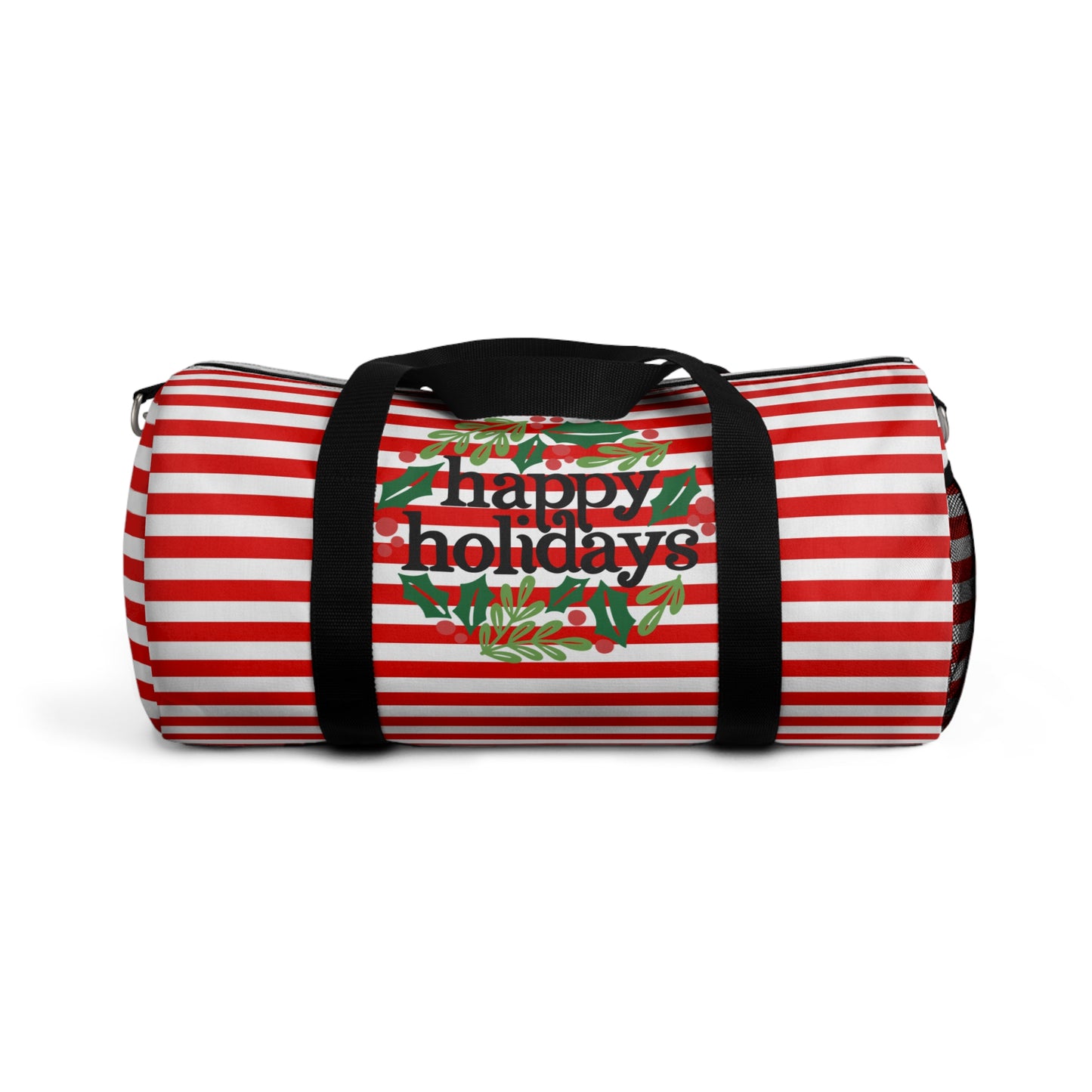 Happy Holidays Wreath Red and White Striped Christmas Duffel Bag