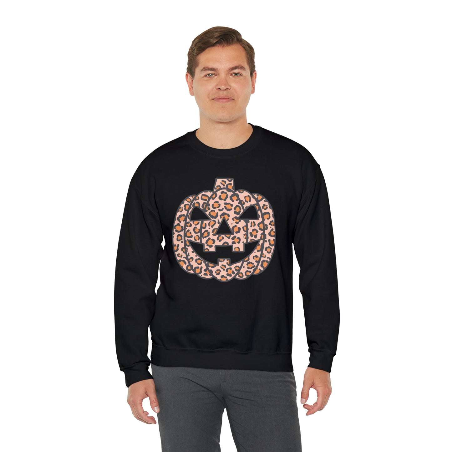 Boho Leopard Print Pumpkin Fall Halloween Retro Warm Colored  Unisex Heavy Blend™ Crewneck Sweatshirt