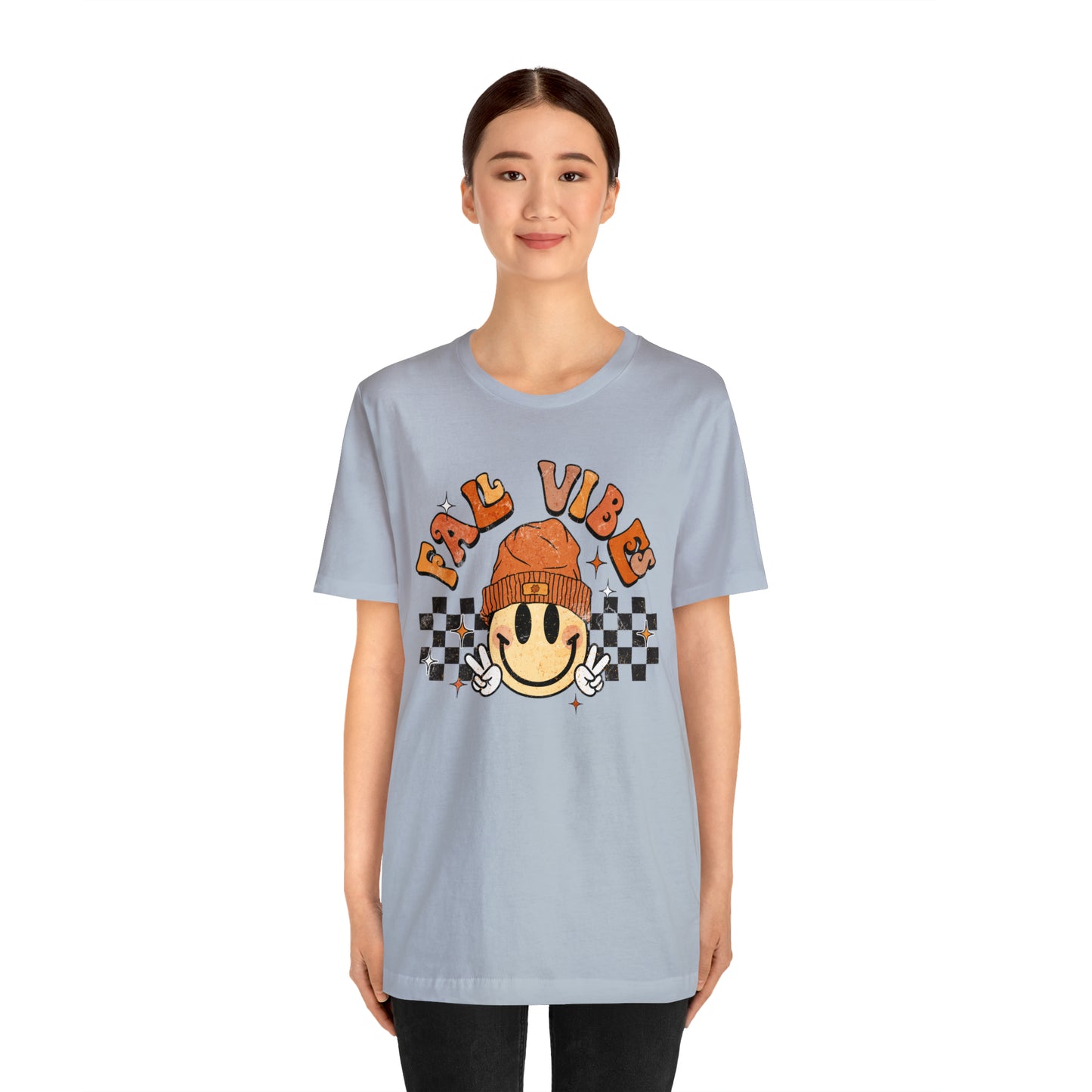 Distressed Halloween Fall Vibes Smiley Face with Beanie and Peace Sign T-Shirt