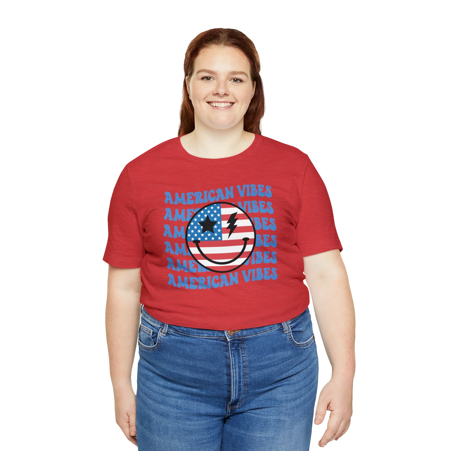 USA American Vibes American Flag Smiley Face Unisex Jersey Short Sleeve Tee