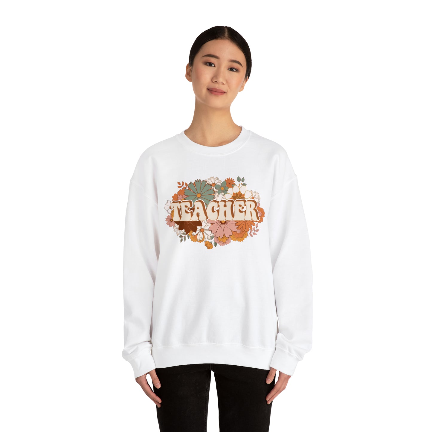 Vintage Retro Floral Teacher Warm Colors Unisex Heavy Blend™ Crewneck Sweatshirt