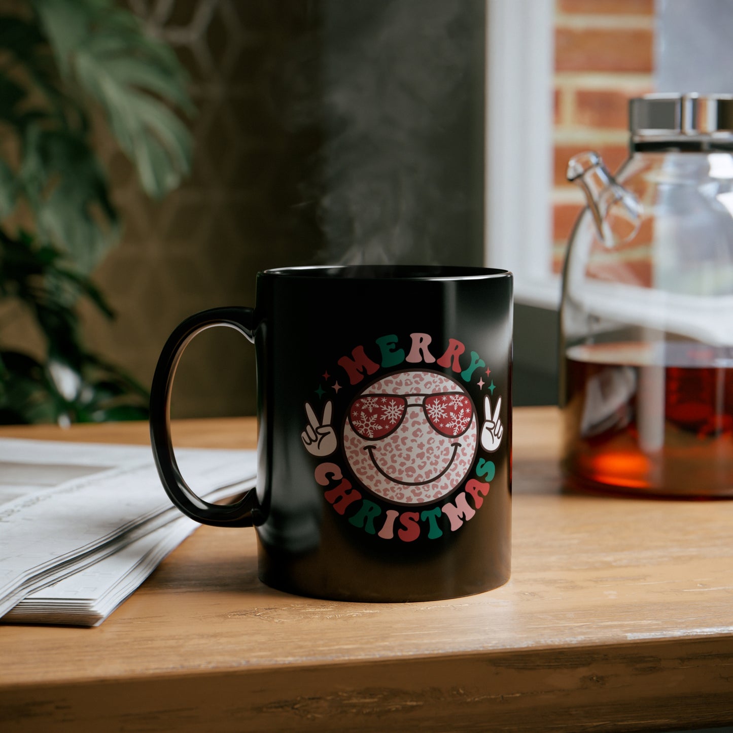 Merry Christmas Colorful Smiley Face with Peace Signs 11oz Black Mug