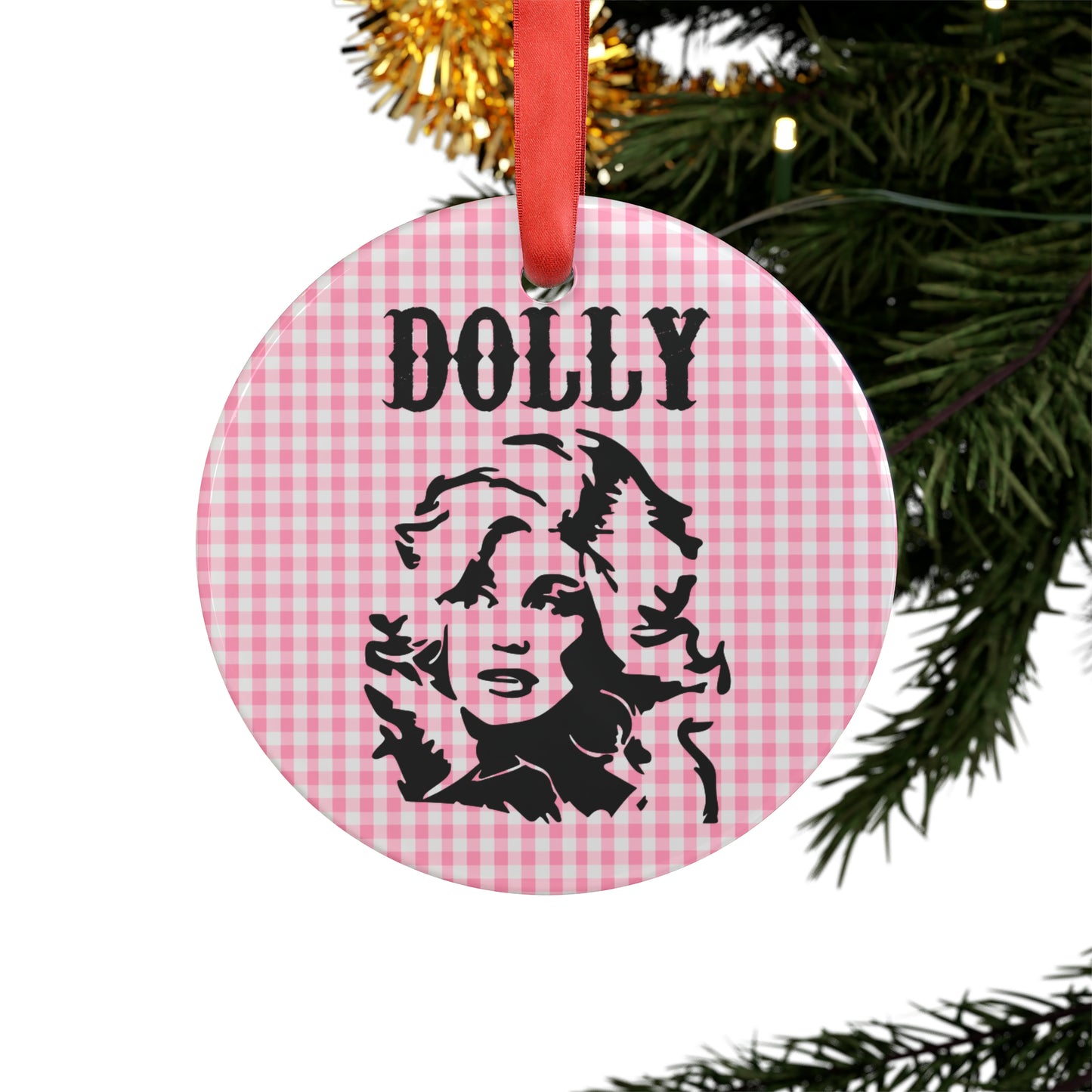 Dolly Portrait Pink Checkerboard Ornament with Ribbon