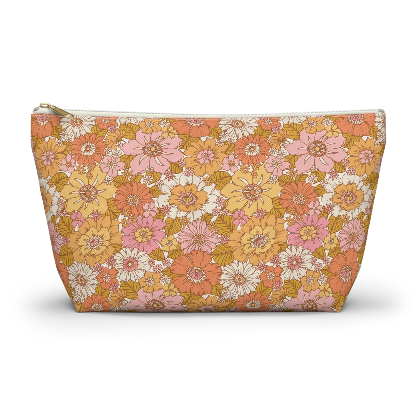 Peachy Golden Retro Floral Print Design Accessory Pouch w T-bottom