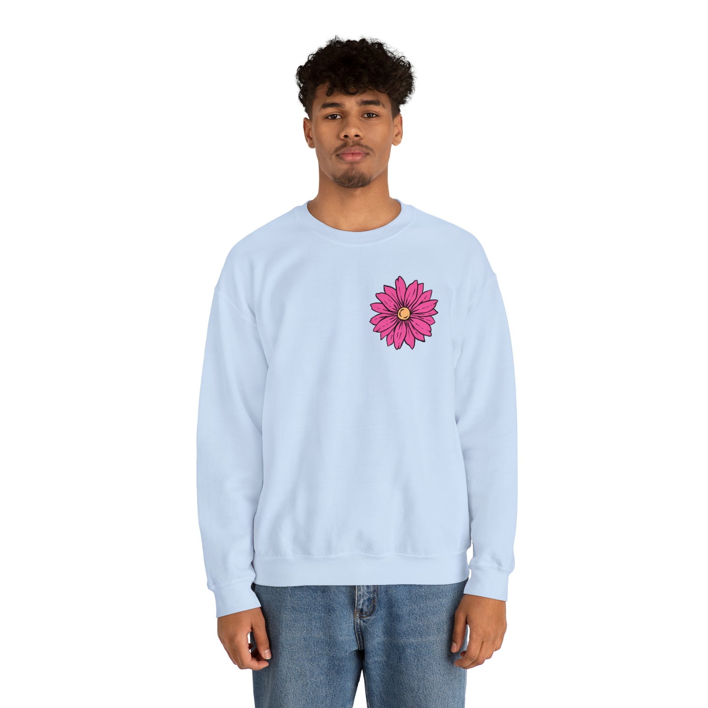 FRONT AND BACK DESIGN Positive Energy (Flower on Front and Message on Back) Font Heavy Blend™ Crewneck Sweatshirt