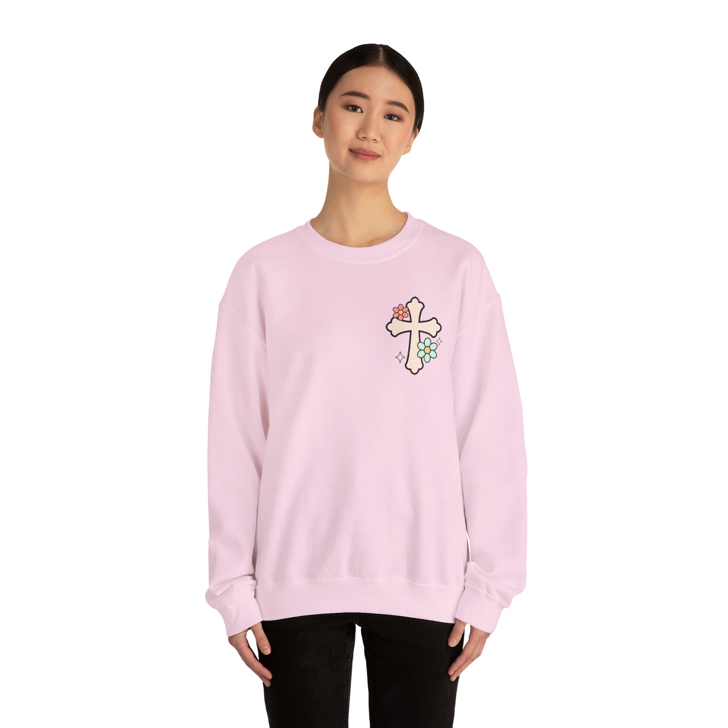 Vintage Grow in Grace with Cross Boho Color Print -  Front and Back Design Heavy Blend™ Crewneck Sweatshirt