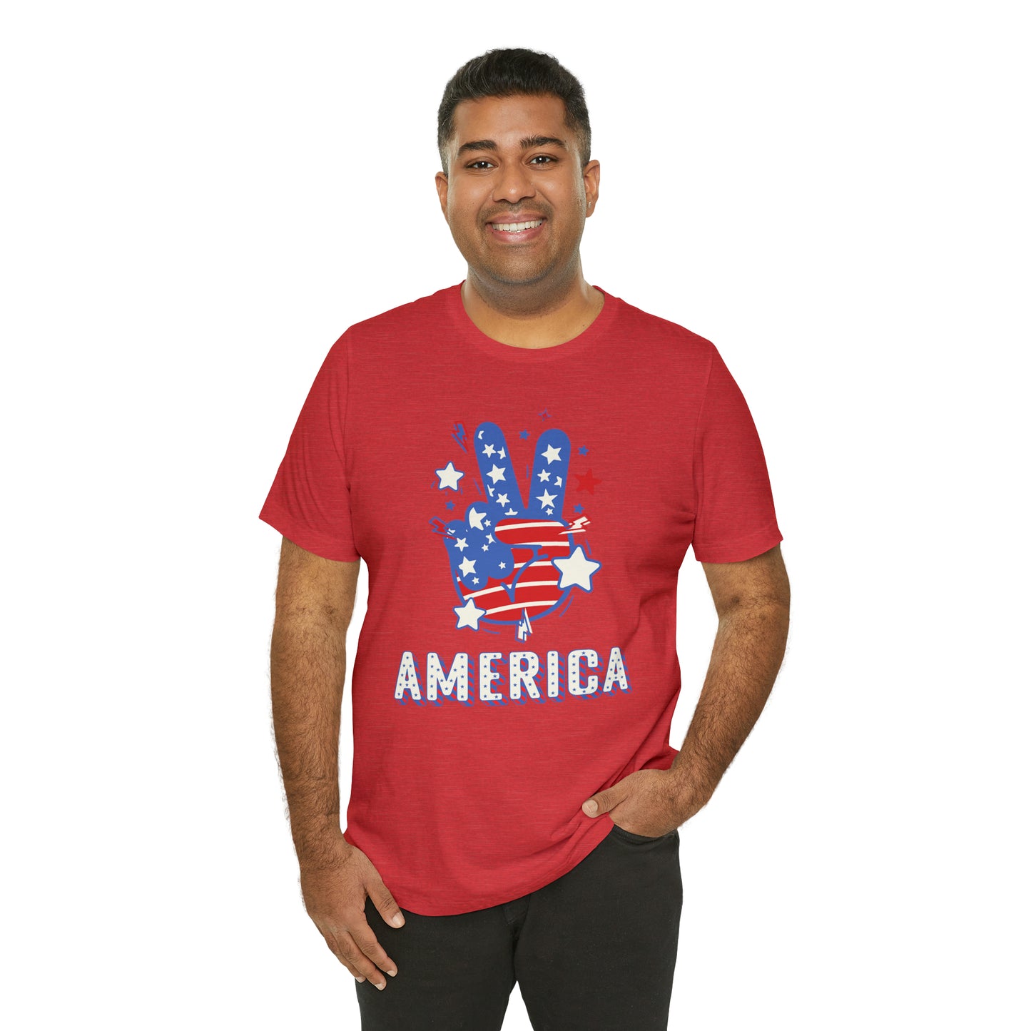 America USA Stars Peace Sign with Hands Unisex Jersey Short Sleeve Tee