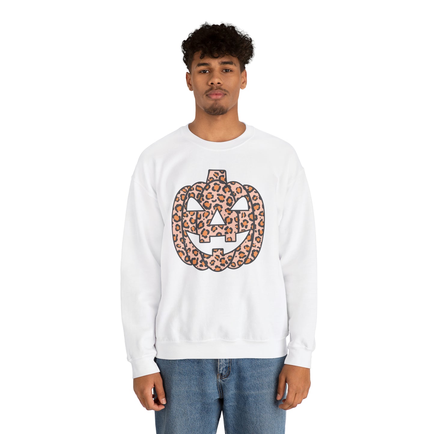 Boho Leopard Print Pumpkin Fall Halloween Retro Warm Colored  Unisex Heavy Blend™ Crewneck Sweatshirt