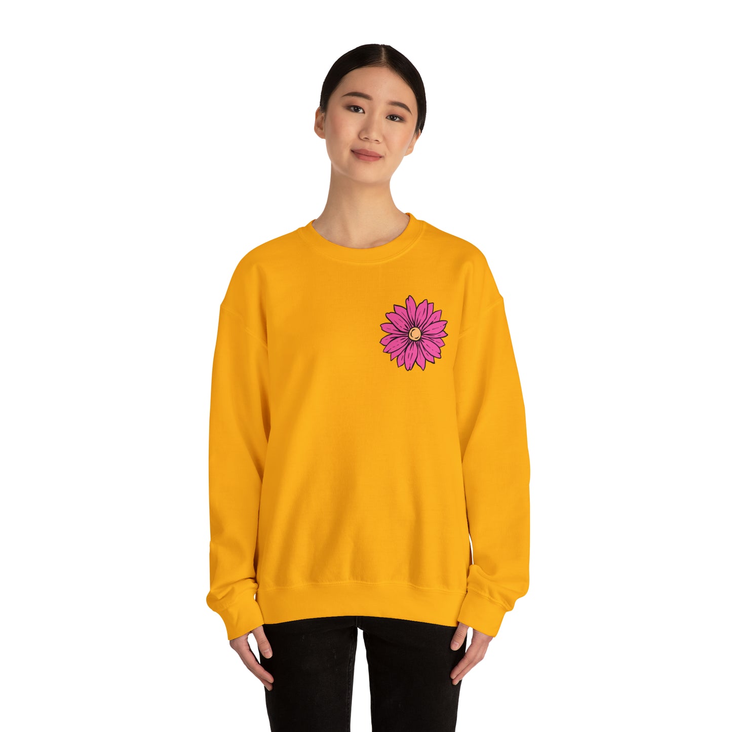 FRONT AND BACK DESIGN Positive Energy (Flower on Front and Message on Back) Font Heavy Blend™ Crewneck Sweatshirt