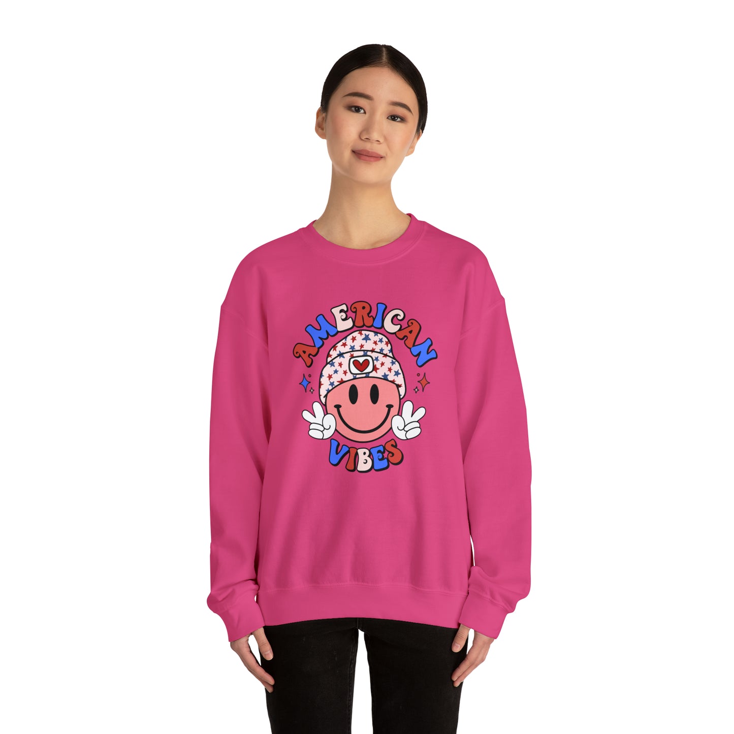 USA American Vibes Smiley Face with Heart Beanie and Peace Signs Heavy Blend™ Crewneck Sweatshirt