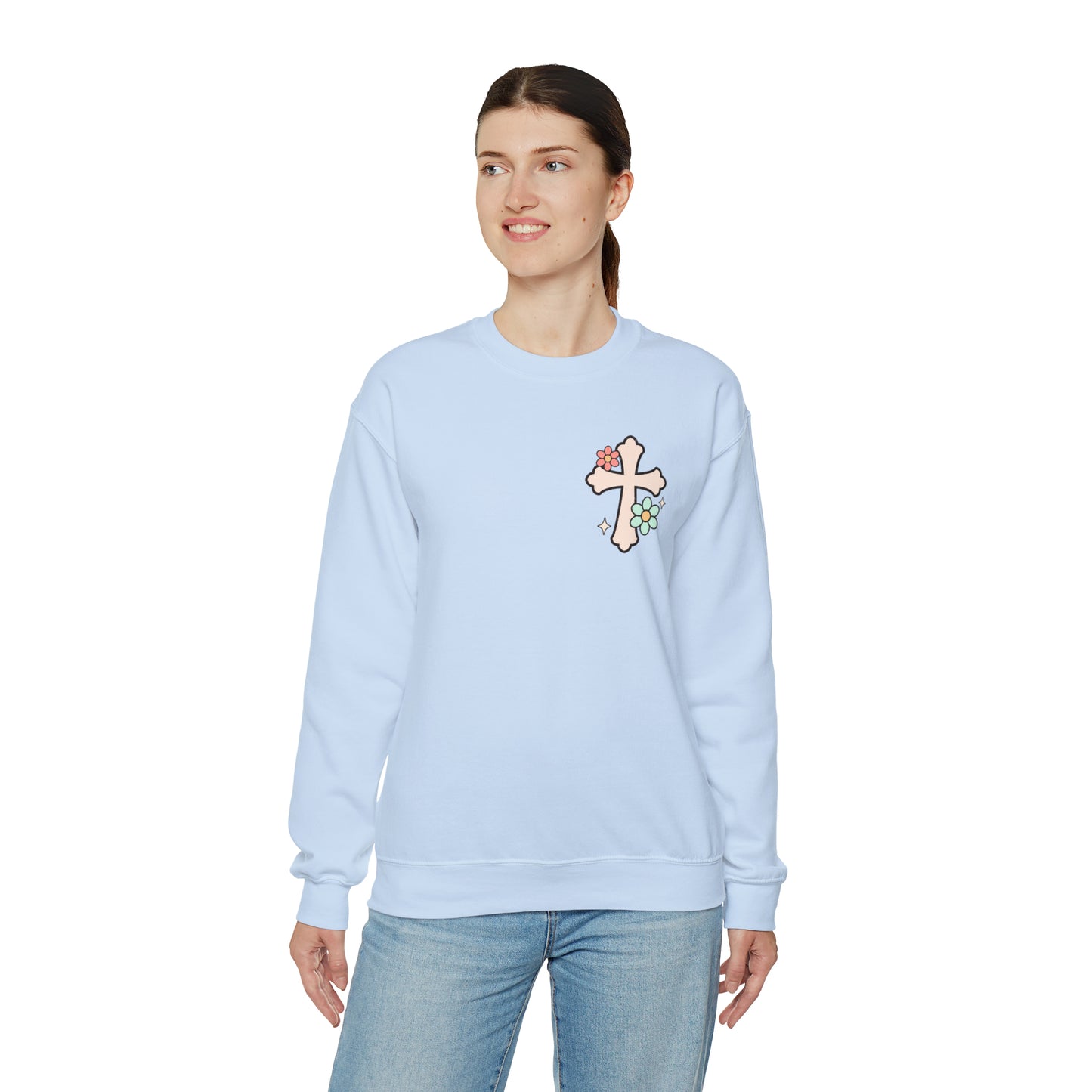 Vintage Grow in Grace with Cross Boho Color Print -  Front and Back Design Heavy Blend™ Crewneck Sweatshirt