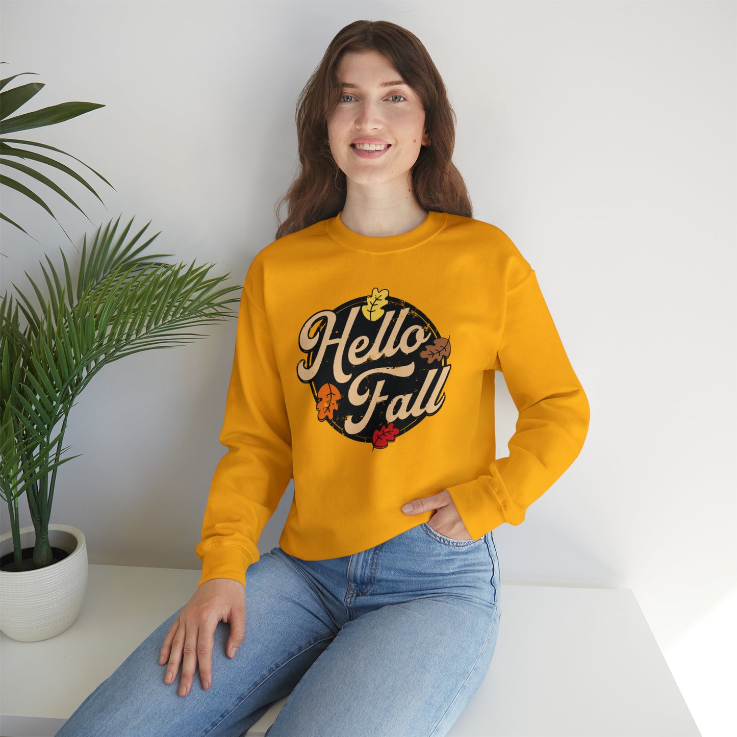 Hello Fall Halloween Retro Warm Colored  Unisex Heavy Blend™ Crewneck Sweatshirt