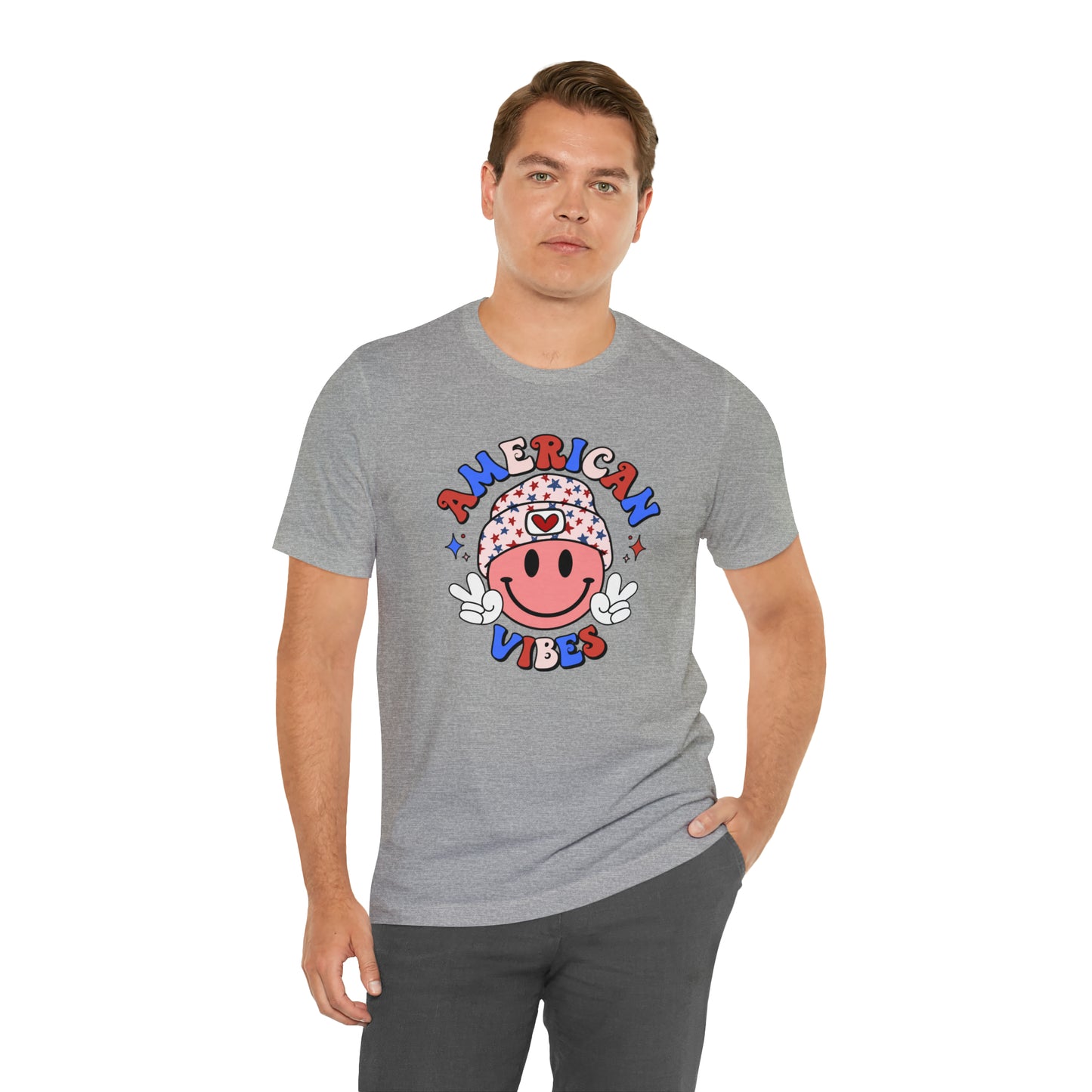 American Vibes USA Smiley Face with Stars Beanie with two hand peace signs Unisex Jersey Short Sleeve Tee