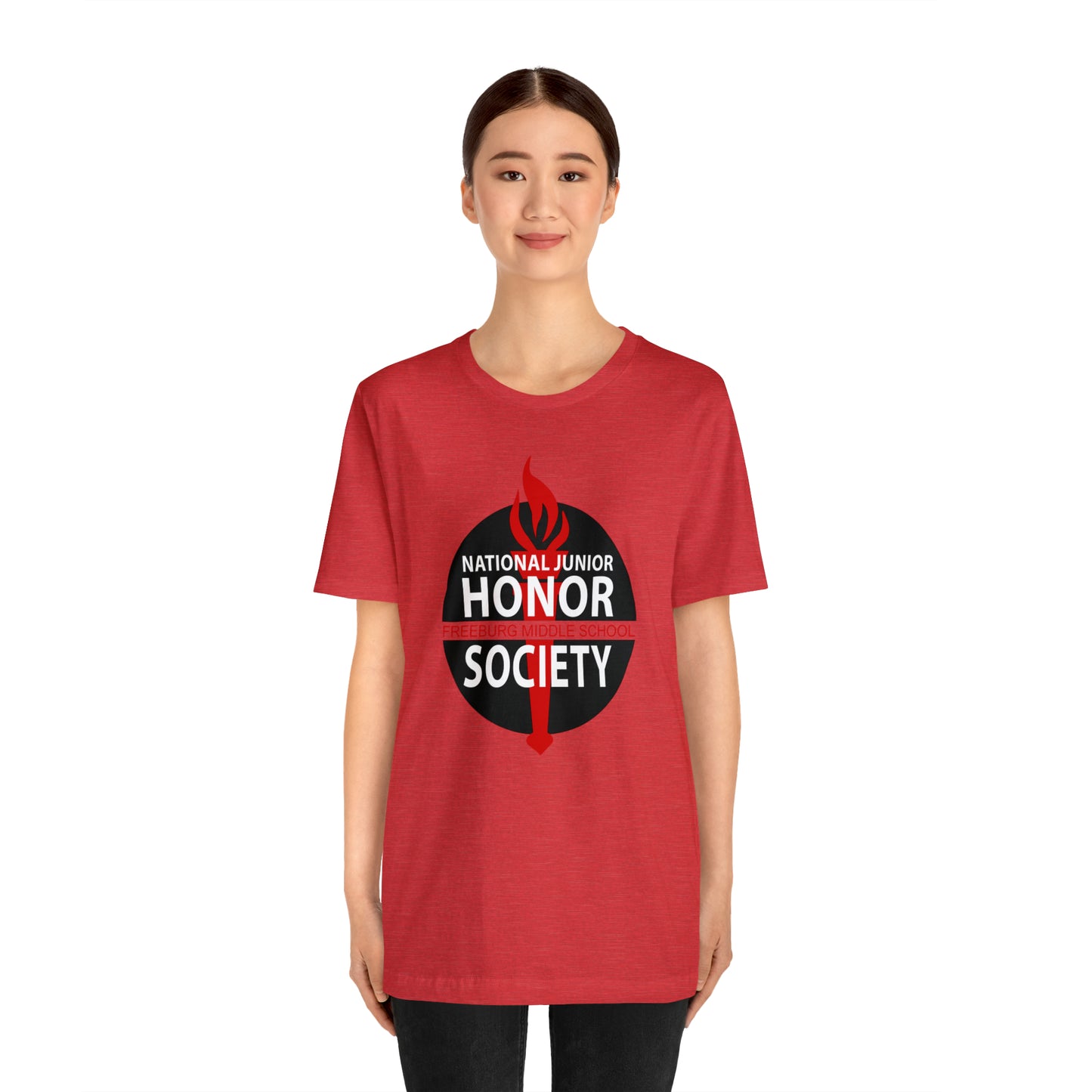 Freeburg Middle School Black Red and White NJHS National Junior Honor Society Red Torch Logo Bella Jersey Short Sleeve Tee (Unisex)