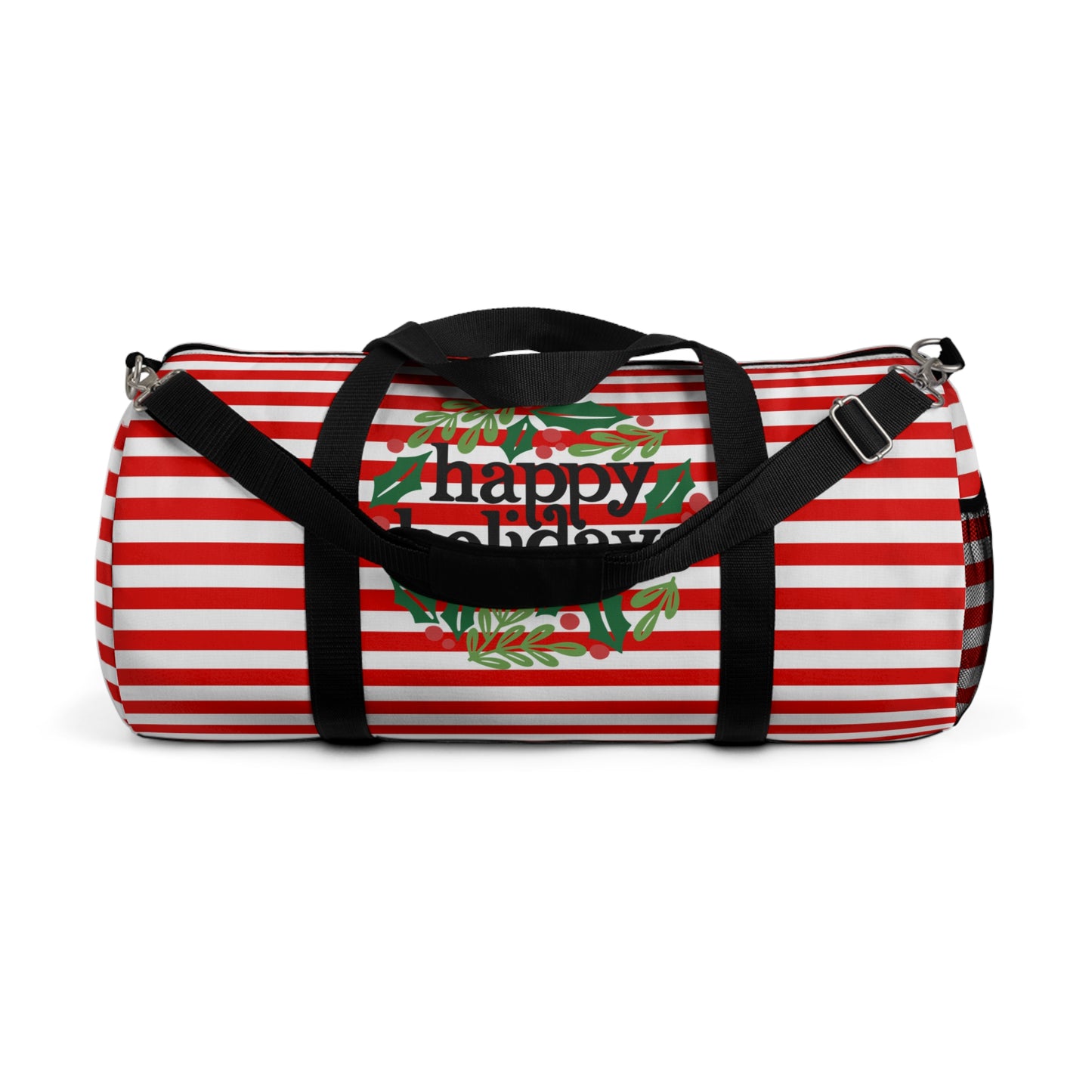 Happy Holidays Wreath Red and White Striped Christmas Duffel Bag