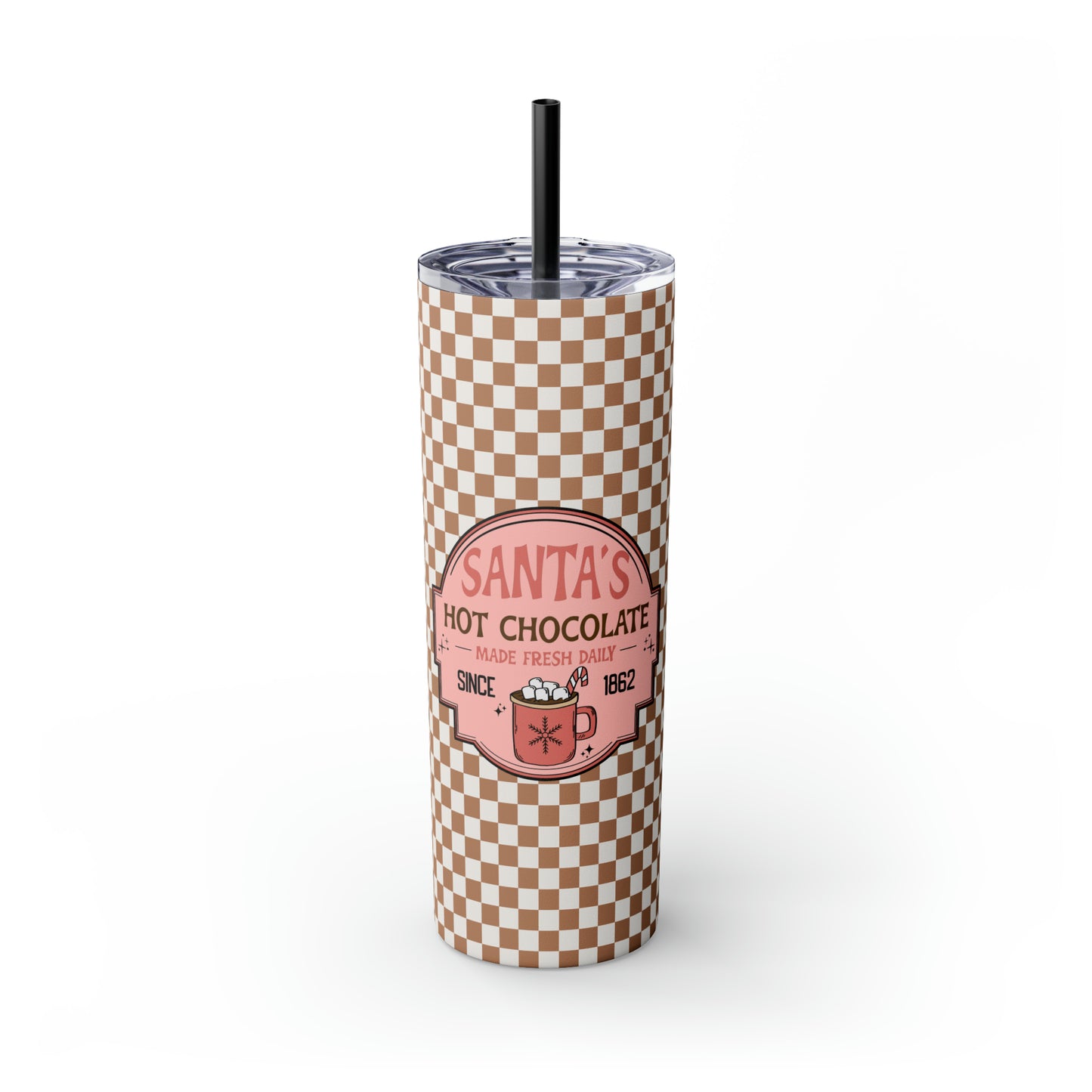 Santa's Hot Chocolate Brown Checkerboard Christmas/ Holiday Skinny Tumbler with Pick your Color Straw, 20oz