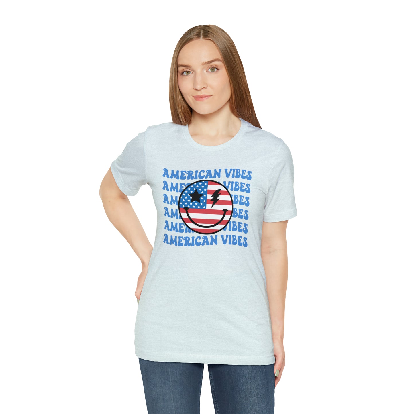 USA American Vibes American Flag Smiley Face Unisex Jersey Short Sleeve Tee