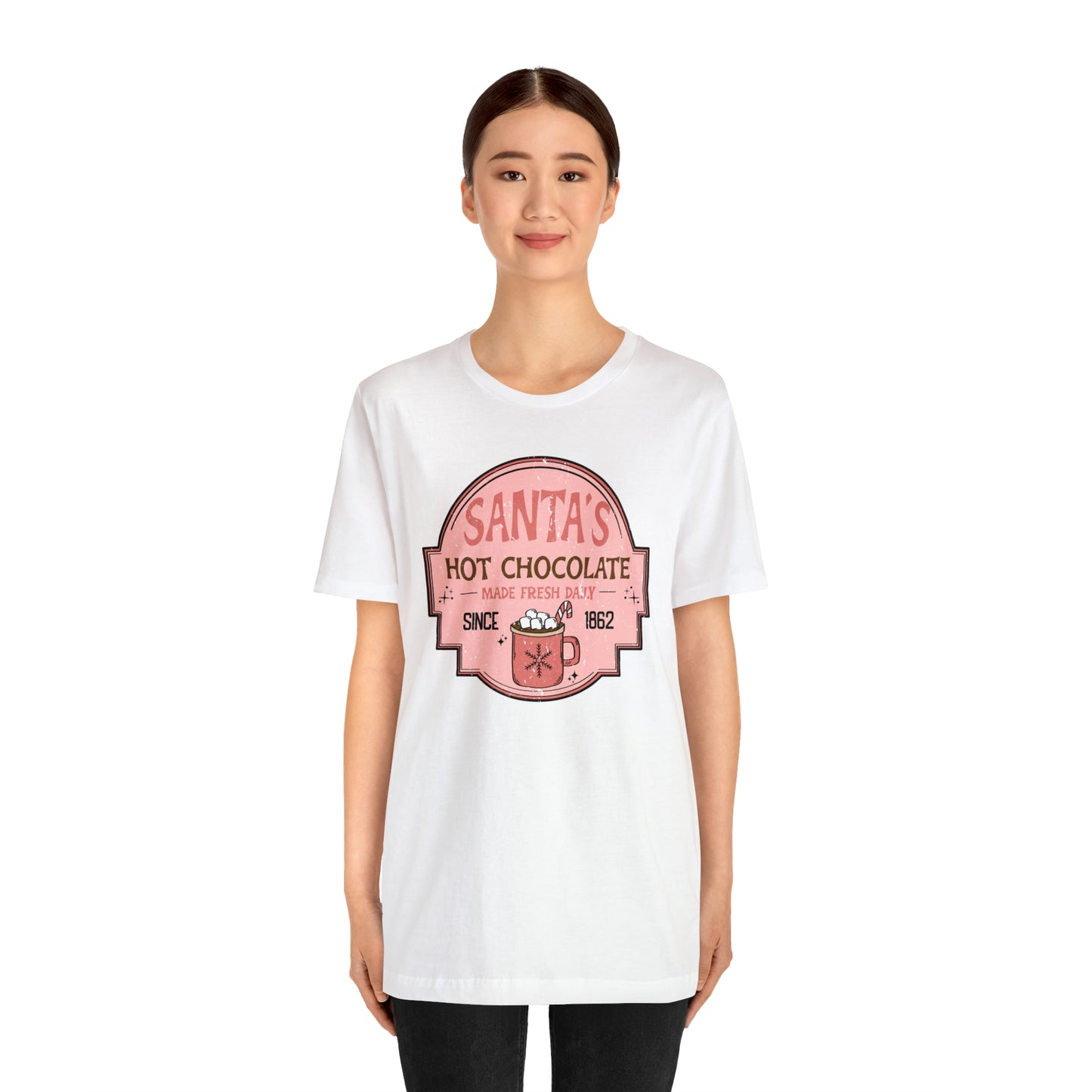 Santa's Hot Chocolate Pink Christmas/ Holiday Bella Jersey Short Sleeve Tee (Unisex)